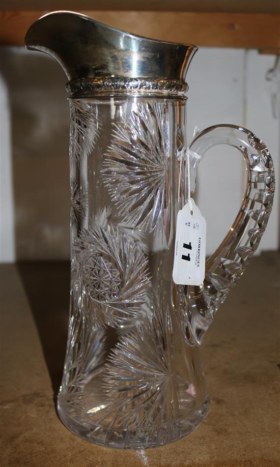 Sterling silver-mounted cut glass water jug, import mark, starburst and roundel-engraved